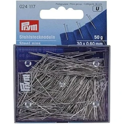 Obrázek Prym 024117 špendlíky, 0,60 x 30 mm, stříbrné, 50 g, karta s dózou