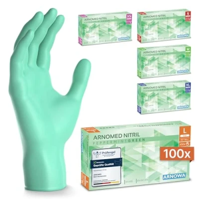 Obrázek 100x ARNOMED jednorázové rukavice zelené, nitrilové L, rukavice, bez pudru, gumové latexu, na jedno použití ve XS, S, M, L &amp; XL