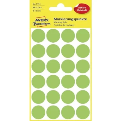 Obrázek AVERY Zweckform 3174 samolepicí označovací body (Ø 18 mm, 96 lepicích bodů na 4 arších, kulaté nálepky kalendář, plánovač a pro kutilství, papír, matná) světle zelená, 5 kusů
