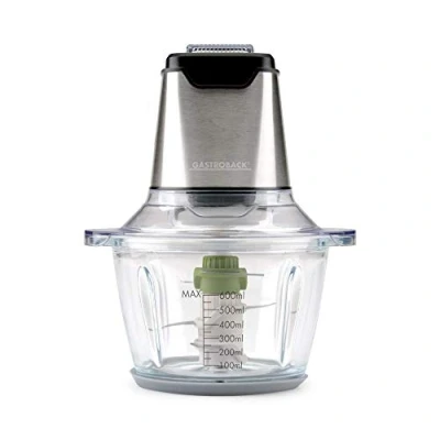 Obrázek Gastroback 40961 design Mini Chopper Plus, multifunkční sekáček, 3 nože na ostří z ušlechtilé oceli, 400 W, 1,2litrová skleněná nádoba, ocel, oceli