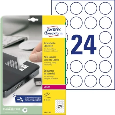 Obrázek AVERY Zweckform bezpečnostní etikety L6112 20 (480 samolepek na fólii, Ø 40 mm A4, silně samolepicí, zabezpečená proti falšování a manipulaci fólie, potištěná lepicí fólie) listů, bílá