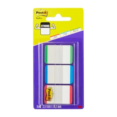 Obrázek Post it Index silné odkládací desky, standardní, červená, modrá a zelená, 66 lepicích proužků 25,4 mm x 38,1 značkovací proužky na dokumenty poznámky
