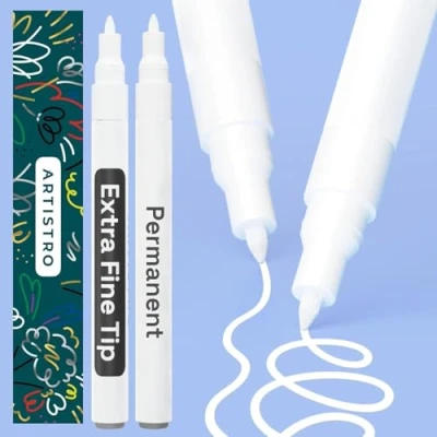Obrázek ARTISTRO Weißer Permanentmarker Set mit 2 weißen Farbstiften, Farbmarker auf Ölbasis, extrafeine Spitze 0,7 mm, wasserfester, schnell trocknender Marker für Stein, Keramik, Glas, Holz, Reifen, Stoff