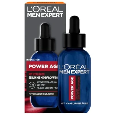 Obrázek L&#039;Oréal Men Expert Hyaluron sérum proti vráskám pro muže, hydratační péče stárnutí unavenou a matnou pleť, pánské obličejové s vysokou dávkou kyseliny hyaluronové, Power Age, 1 x 30 ml