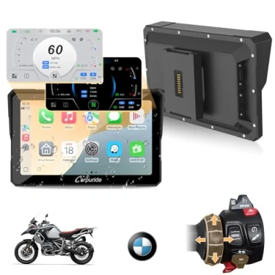 Obrázek Carpuride W702BS pro obrazovka CarPlay s Nativ Wonder Wheel motocykl, bezdrátové a Android Auto, 7&quot; vodotěsná dotyková obrazovka, Dual Bluetooth, obousměrný hovor, čtení dat.