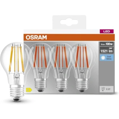 Obrázek OSRAM Lamps LED, patice: E27, studená bílá, 4000 K, 11 W, náhrada za žárovku 100 čirá, LED BASE CLASSIC A, balení 3 ks