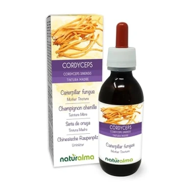 Obrázek Cordyceps nebo čínská housenková houba (Cordyceps sinensis Ophiocordyceps sinensis) Houbová tinktura bez alkoholu Naturalma tekutý extrakt kapky 120 ml doplněk stravy Veganský