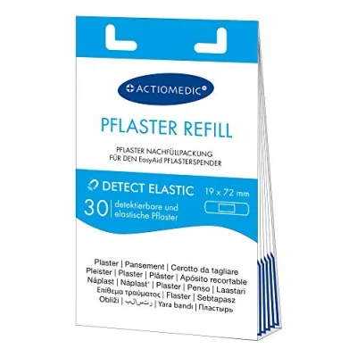 Obrázek ACTIOMEDIC EasyAid DETECT ELASTIC detekovatelná sada náplastí proužky na doplňování, 30 kusů, pro potravinářský průmysl kompatibilní s dávkovačem I hypoalergenní, elastická