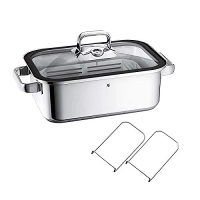 Obrázek Parní pekáč WMF Vitalis 35 נ21,5 נ10 cm cca 3,5l Skleněná poklice se silikonovým okrajem a teploměrem rošt Aroma Nerezová ocel Cromargan leštěná Vhodné pro indukční ohřev myčku