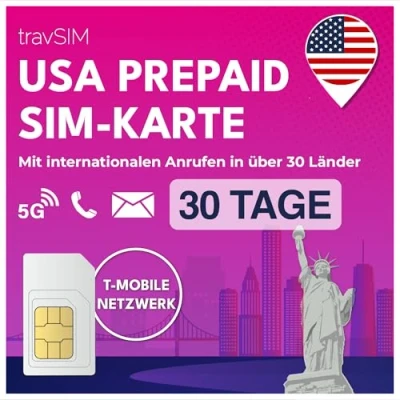 Obrázek travSIM USA SIM karta T Mobile síť 50GB data, neomezené národní hovory a SMS pro nabízí volání do 30+ zemí 30 dní