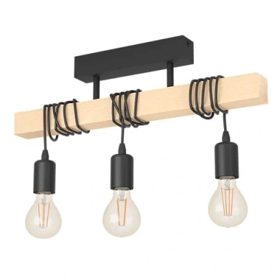 Obrázek EGLO stropní svítidlo Townshend, 3 žárovky vintage v industriálním designu, retro závěsné z oceli a dřeva, černá, hnědá, certifikováno FSC, objímka E27