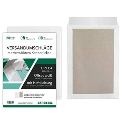 Obrázek 10 kusů prémiových přepravních kapes B4 v bílé barvě, s lepenkovou zadní stěnou, lepicí páskou a krycí páskou, 250 x 353 mm