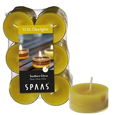 Obrázek Spaas čajové svíčky, parafínový vosk, plastové kelímky, podzimní žlutá, ponožka Citrus