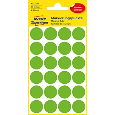 Obrázek AVERY Zweckform 3597 samolepicí označovací body 96 kusů (Ø18 mm, odstranitelné lepicí na 4 arších, barevné kódování, kulaté nálepky kalendář, plánovač a pro kutilství, papír) zelená