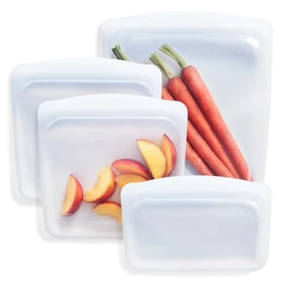 Obrázek Stasher Wiederverwendbare Silikonbeutel zur Aufbewahrung von Lebensmitteln, Lot de 4, Klar, Hitze , Spülmaschinen &amp; Gefrierfest, Umweltfreundlich, Für Essenszubereitung, 2 x 795ml 355ml 1.8L