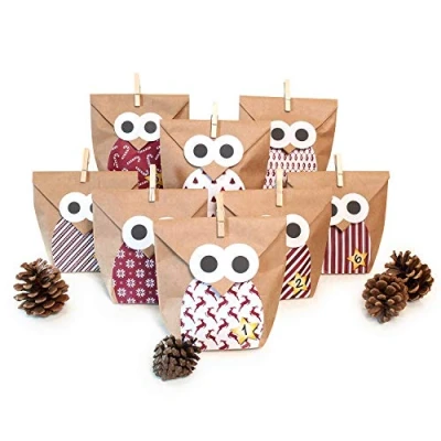 Obrázek Adventní kalendář Pajoma k naplnění, vánoční sova s doplňky, 2018, kreativní sada DIY, 24 sáčků z kraftového papíru 14 x 22 cm