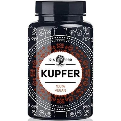 Obrázek DiaPro® Měď 365 vysokodávkovaných měděných tablet s 2 mg mědi v každé tabletě z glukonátu kusů roční zásoby 100% veganské laboratorně testováno
