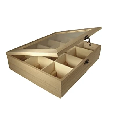 Obrázek RAYHER HOBBY 6241500 DIY čajový box ze dřeva, 12 přihrádek, uložení čajových sáčků, kávových kapslí, koření, bylin atd., kreativní dekorační krabička, 28, 5 x 23, 7 cm, béžová
