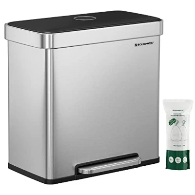 Obrázek SONGMICS odpadkový koš do kuchyně, 2 x 30 l, systém třídění odpadků, přihrádky, 15 pytlů na odpadky, z ušlechtilé oceli, vnitřní plastu, s víkem, Softclose, 58 31,5 59 cm,