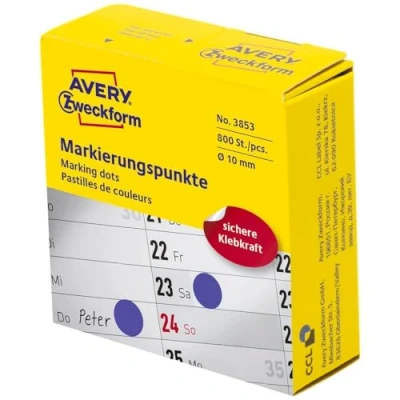 Obrázek AVERY Zweckform 3853 samolepicích označovacích bodů (Ø 10 mm, 800 lepicích na roli v zásobníku, kulaté nálepky kalendář, plánovač a pro kutilství) modré, 3 kusy