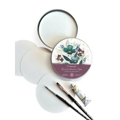 Obrázek Hahnemühle Round Watercolour Paper, kulatý akvarelový papír, průměr 13 cm, matný, 100% bavlna, 300 g/m², 30 listů v luxusní kovové krabičce