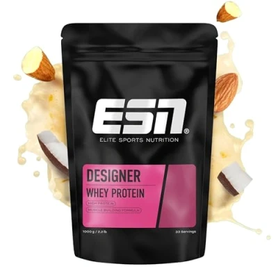 Obrázek ESN Designový Whey Protein prášek, kokosový almond, 1 kg, až 23 g proteinu v každé porci, ideální pro růst a udržení svalů, testovaná kvalita vyrobeno Německu