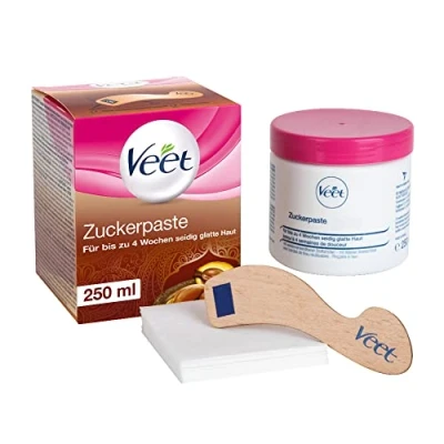 Obrázek Veet Pure cukrová pasta s vůní vanilkových květů pro odstranění chloupků na těle a obličeji 1 x 250 ml vč. dřevěné špachtle textilních proužků