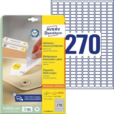 Obrázek AVERY Zweckform L4730REV 25 univerzální etikety (6 750 plus 1 350 samolepicí navíc, 17,8 x 10 mm na A4, opět odstranitelné/snímatelné, potisknutelné, nálepky) 30 listů, bílé