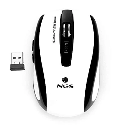 Obrázek NGS FLEA ADVANCED WHITE bezdrátová optická myš, 2,4 GHz, USB myš pro počítač nebo notebook s 5 tlačítky a funkcí rolování 800/1600 dpi, bílá černá