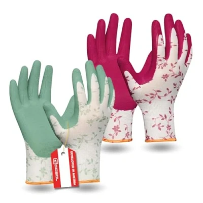 Obrázek Gebol Flower Duo, zahradní rukavice dámské, pracovní v balení po dvou kusech s květinovým vzorem &amp; měkkým latexovým povlakem pro dobrou přilnavost, 2x ochranné vel. M (vel. 8),