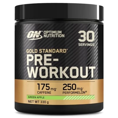 Obrázek Optimum Nutrition Gold Standard Pre Workout Powder, doplněk stravy s monohydrátem kreatinu, beta alanin, kofein a komplex vitaminu B, kyselá chuť jablka, 30 porcí, 330 g