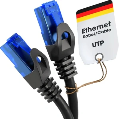 Obrázek KabelDirekt 20 m LAN kabel, síťový Ethernet kabel/patch k dostání v 0,2530 (rychlost optického vlákna pro gigabitové sítě, přepínač/router/modem s RJ45, černá/modrá)