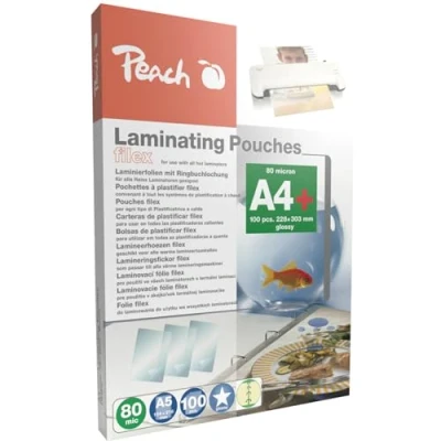 Obrázek Peach Laminovací fólie A4 80 mic 100 kapes lze sešít pro praktické sešívání do pořadače kompatibilní S laminovacími přístroji všech značkových výrobců PP580 21