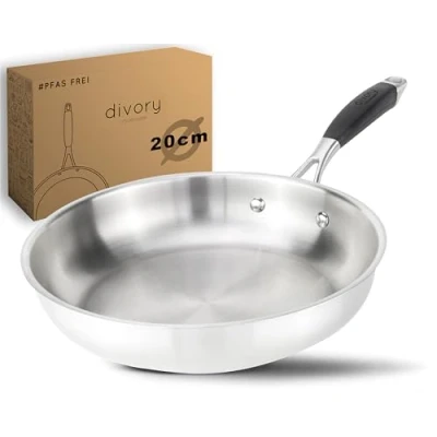 Obrázek DIVORY Nerezová pánev 20 cm PURA indukce I nepotažená malá pro všechny typy sporáků indukční pánev, ergonomická rukojeť, vhodná do myčky (20 cm, stříbrná)