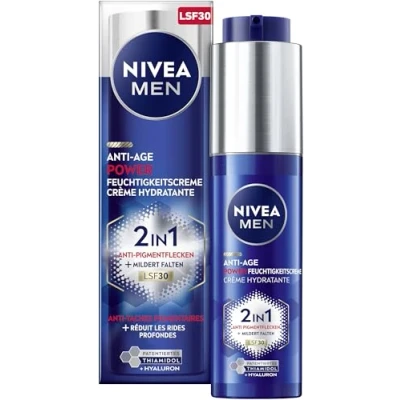Obrázek NIVEA MEN Denní péče anti Age 2v1 Power s LSF 30, o obličej hyaluronem pro aging efekt, pleť LUMINOUS630 proti stařeckým a pigmentovým skvrnám (50 ml)