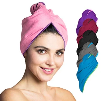 Obrázek Fit Flip ručník z mikrovlákna 2 kusy ručníku do vlasů s knoflíkem rychleschnoucí a savý hlava turban (růžovo fialová)
