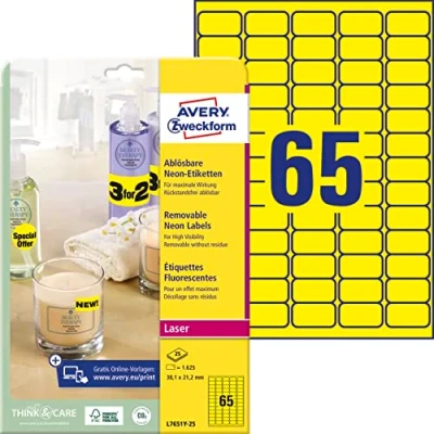 Obrázek AVERY Zweckform L7651Y 25 svítící neonově žluté etikety (1. 650 nálepek, 38,1 x 21,2 mm na A4, samolepicí, lze potisknout, znovu odstranitelné, barevné lepicí pro nápadné označení) listů