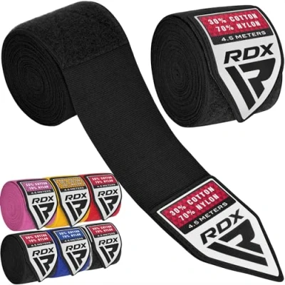 Obrázek RDX 4,5 m profesionální boxerské bandáže Boxy MMA Muay Thai, elastické na ruce s poutkem palec, dlouhé vnitřní rukavice bavlna, kickbox, boxovací pytel, míčky,