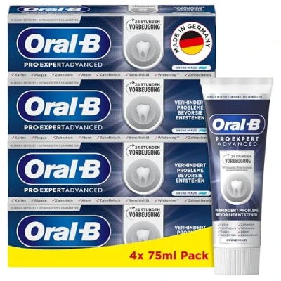 Obrázek Oral B Pro Expert Advanced zubní pasta, prevence plaku 24 hodin, zelená máta, vyrobeno v Německu, balení 4 x 75 ml
