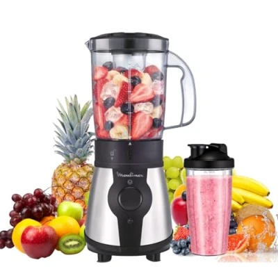 Obrázek Moulinex mixér Blend&amp;Go LM1B1D 300 W, smoothie se 750ml plastovým džbánem, včetně přenosné láhve 750 ml, 4 odnímatelné čepele, povrchy z ušlechtilé oceli