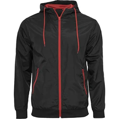 Obrázek Build Your Brand pánská bunda S kapucí Windrunner se zipem, větrovka k dostání v mnoha barvách, velikosti 5XL, černá/červená