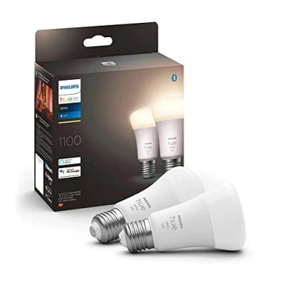 Obrázek Philips Hue LED žárovky White E27 (1100 lm), stmívatelné, teplé bílé světlo, chytré ovládání světla hlasem a aplikací, balení 2 ks
