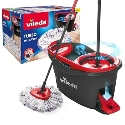 Obrázek Vileda Turbo 3 v 1, kompletní sada, mop s hlavou mopu z mikrovlákna 3v1, kbelík odstřeďováním, teleskopická násada: 85 123 cm, odstraňuje 99 % bakterií, udržitelný stírací systém, Love it