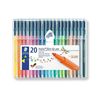 Obrázek STAEDTLER Popisovače triplus color, trojhranné, stabilní, špička odolná proti promáčknutí, šířka čáry cca 1 mm, vhodné pro děti, vysoká kvalita Made in Germany, sada s 20 zářivými barvami, 323 SB20,