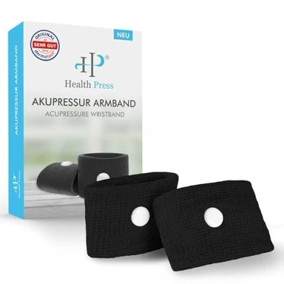 Obrázek Health Press® Sada akupresurních náramků: Dva akupresurní náramky perfektní pro použití na obou zápěstí díky optimalizovanému tvaru vhodný každé náramek černý