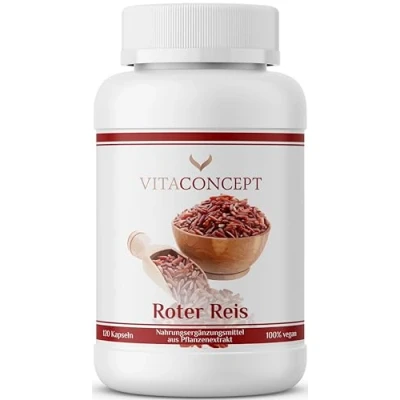 Obrázek VITACONCEPT Fermentovaná červená rýže 600 mg 120 kapslí VEGAN extrakt z červené 3:1 vysoká dávka Red Rice s monacolinem K laboratorně testováno Monascus purpureus vyrobeno v Německu