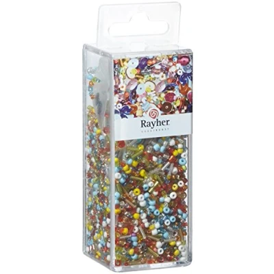 Obrázek Rayher 24086000 směs pajetek/skleněných perel, pestrá směs, 90 g a 50 m drát 0,3 mm ø, korálky pro kutily, rocaille, pajetky, voskové perly, navlékací drát, 12,7 x 4,4 4,0 cm, varianta 5