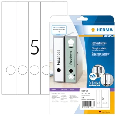 Obrázek HERMA 5130 etikety na hřbety pořadačů dlouhé úzké, 25 listů, 38 x 297 mm, 5 arch A4, 125 kusů, samolepicí, potisknutelné, neprůhledné, prázdné papírové štítky pořadače nálepky,