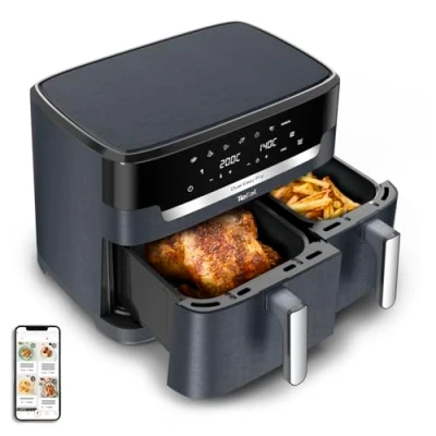 Obrázek Tefal Dvoukomorová horkovzdušná fritéza Dual Easy Fry XXL, objem 11 litrů, 6,5 l zásuvka a 4,5 zásuvka, bez přídavného tuku, 7 programů, vhodná do myčky nádobí, šedá, EY942BE0