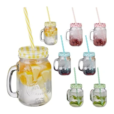 Obrázek Relaxdays, Pestré sklenice na pití s brčkem, sada 8 ks, 400 ml, Gastro, uchem, Ice Cold, sklenice, kusů (balení 1 ks), 10023415